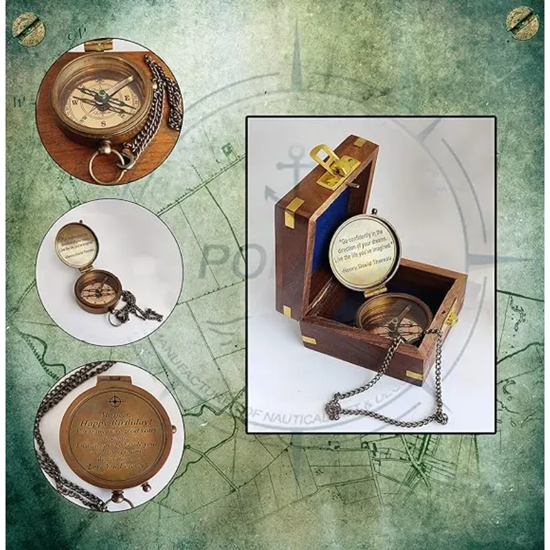 Antique Engraved Compass with Chain and Wooden Box For Gift CW