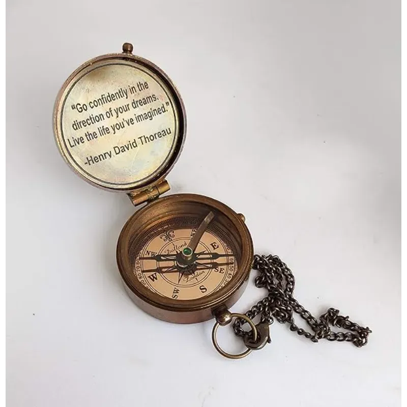 Antique Engraved Compass with Chain and Wooden Box For Gift CW