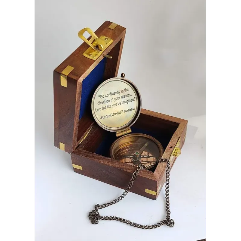 Antique Engraved Compass with Chain and Wooden Box For Gift CW