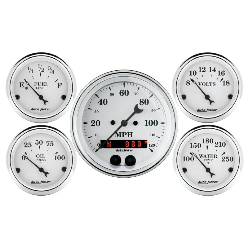 Auto Meter Speedometer 3-3/8in and 2-1/16in 5 Piece Old Tyme White Gauge Kit