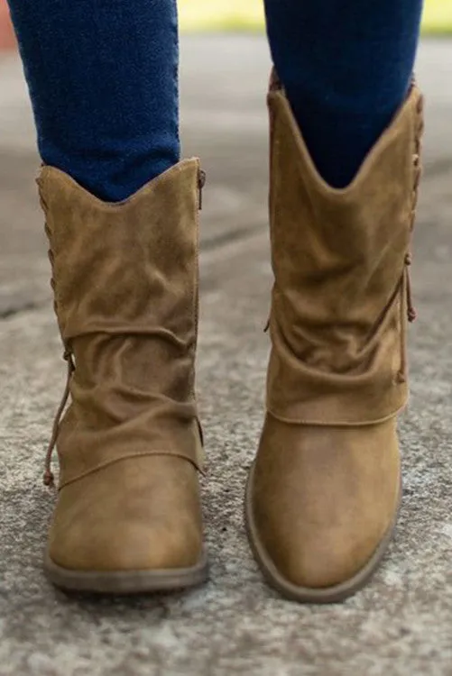 Brown Lace Faux Leather Ankle Boots