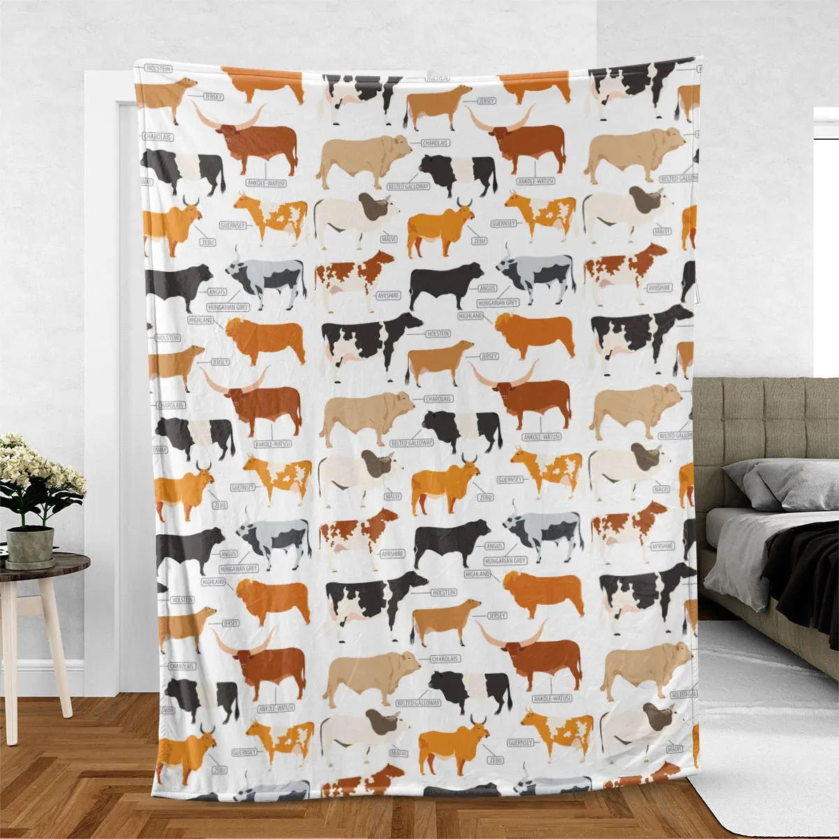 Cattle Breed Pattern Blanket, Farm Fleece Sherpa 60x80 Blanket, Farm Blanket, Cute Animal Warm Soft Cozy Blanket