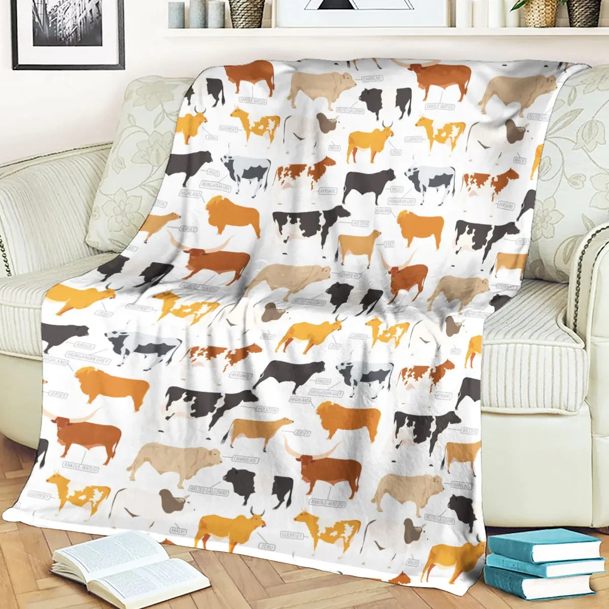 Cattle Breed Pattern Blanket, Farm Fleece Sherpa 60x80 Blanket, Farm Blanket, Cute Animal Warm Soft Cozy Blanket