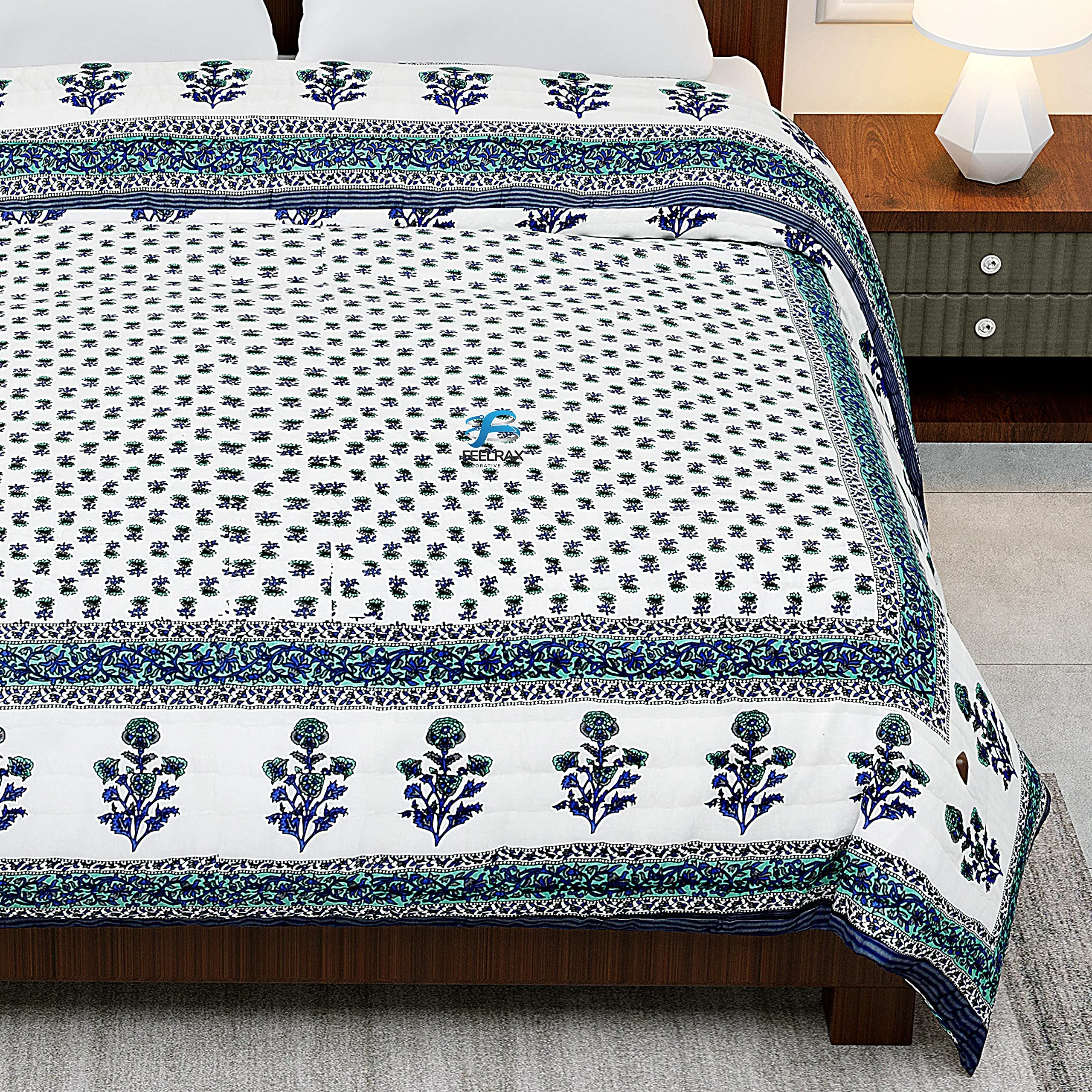 FEELRAX Jaipuri Razai Rajsthani Traditional Hand Stitched Blue Flower Printed Lightweight Pure Cotton Winter and Summer Jaipuri Ac Quilt Razai/Rajai/Blanket/Comforter (Single Bed, 60 X 90 INCHES)