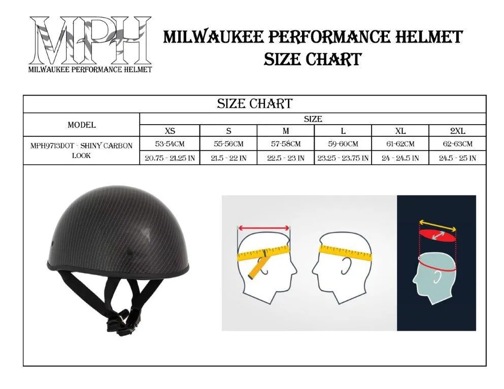 Milwaukee Performance Helmets MPH9713DOT Dot Approved Glossy Black  Half Motorcycle Helmet for Men and Women Biker with Carbon Fiber Look