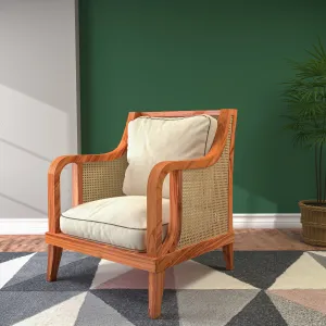 Solid Teak Wooden Comfy Upholstered Handmade Cane Chair