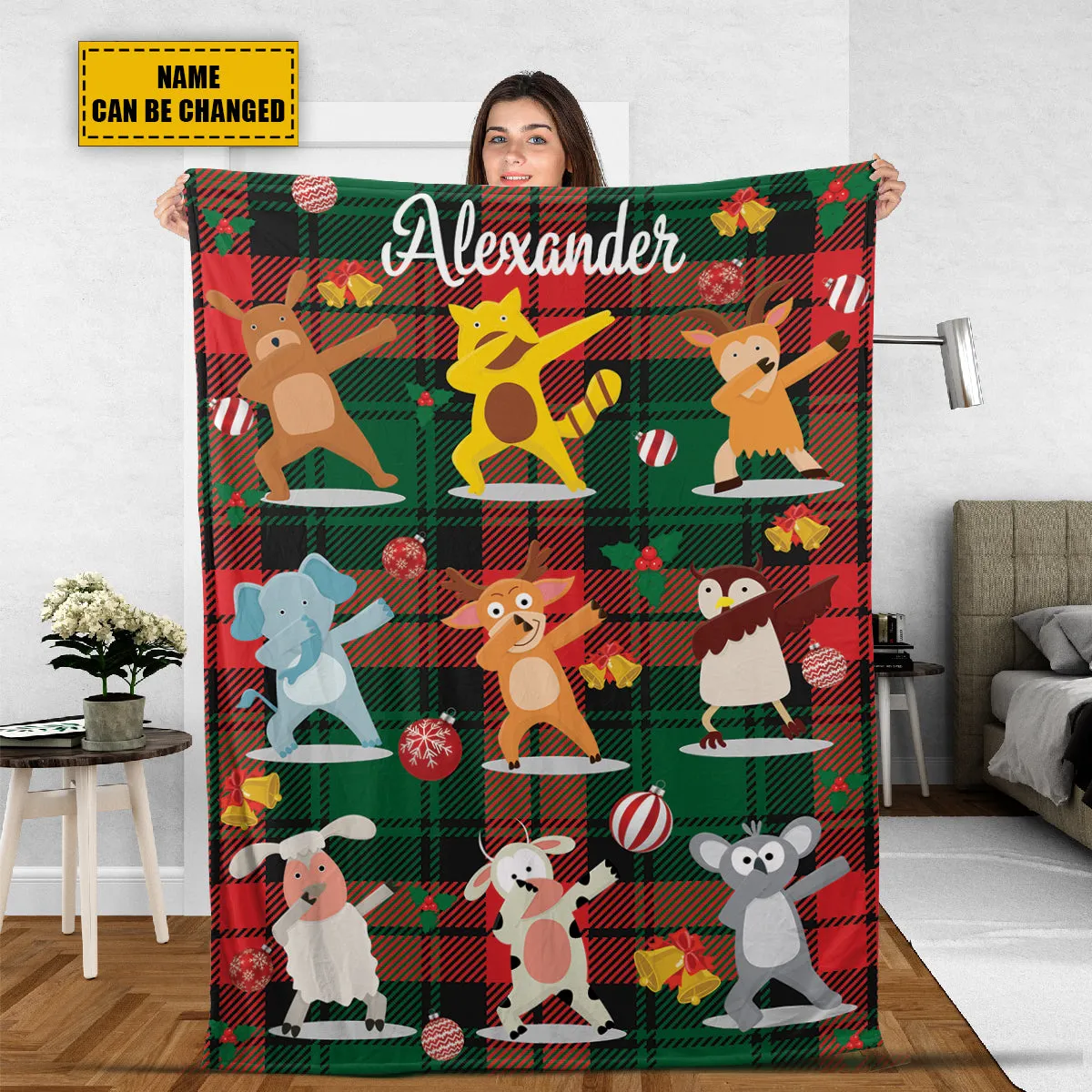 Teesdily | Christmas Cartoon Animals Personalized Blanket For All Season Nursery Xmas Sherpa Blanket Cute Christmas Gift For Kids Customized Fleece