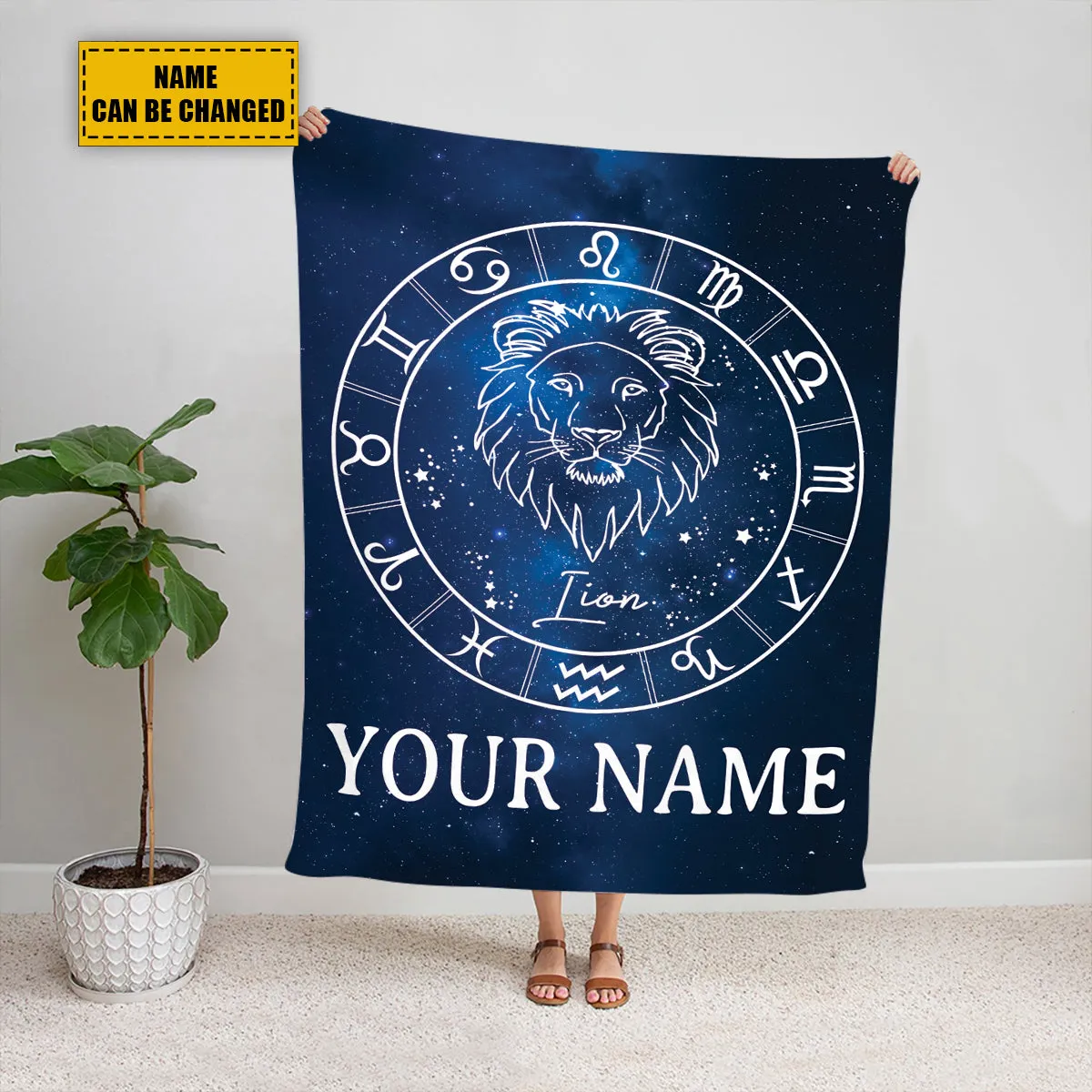 Teesdily | Lion Personalized Fleece Blanket With Name Horoscope Design Sherpa Blanket Zodiac Sign Constellation Astrology Adult Kid Birthday Gifts