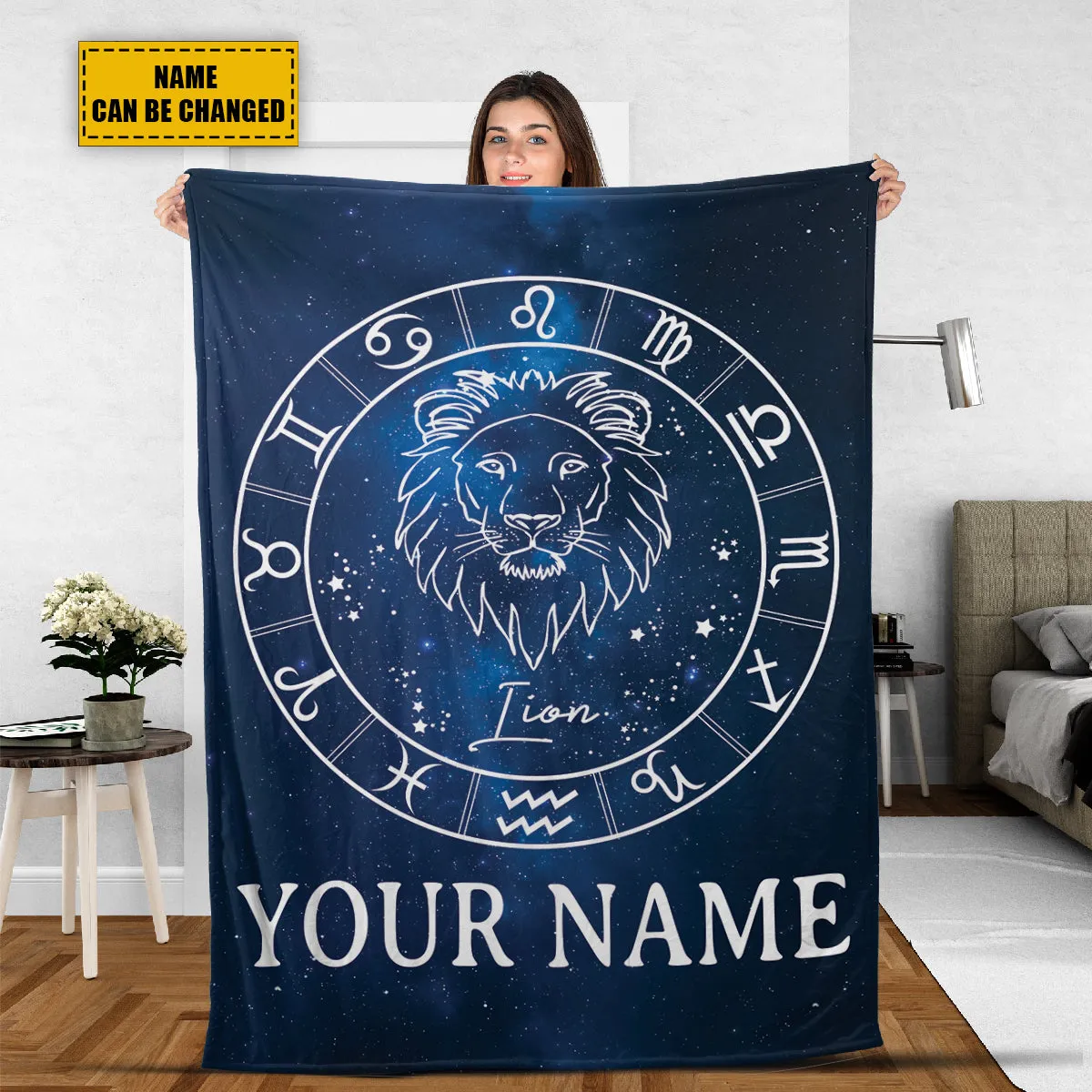 Teesdily | Lion Personalized Fleece Blanket With Name Horoscope Design Sherpa Blanket Zodiac Sign Constellation Astrology Adult Kid Birthday Gifts