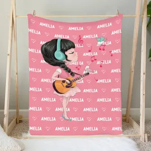 Teesdily | Personalized Name Little Girl Guitar Player Fleece Blanket Music Lover Throw Blanket For Baby Girl Daughter Nursery Birthday Gifts