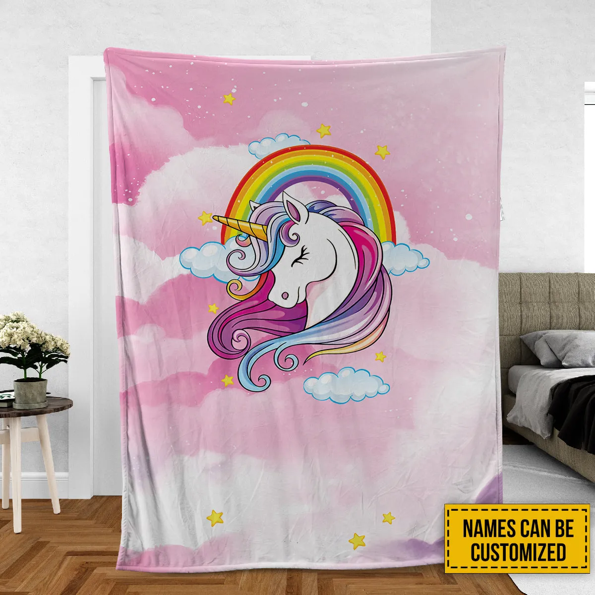 Teesdily | Unicorn Mythical Cartoon Fleece Blanket Personalized Kid's Name Baby Girls Nursery Bedroom Decor Daughter Gift Birthday