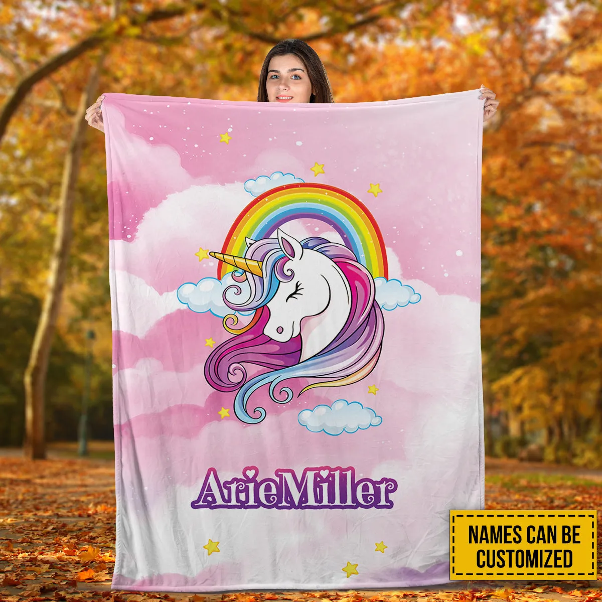 Teesdily | Unicorn Mythical Cartoon Fleece Blanket Personalized Kid's Name Baby Girls Nursery Bedroom Decor Daughter Gift Birthday