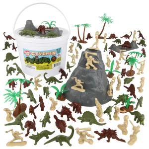 TimMee Bucket of Prehistoric DINOSAUR & CAVEMAN - 83pc Plastic Figures & Terrain