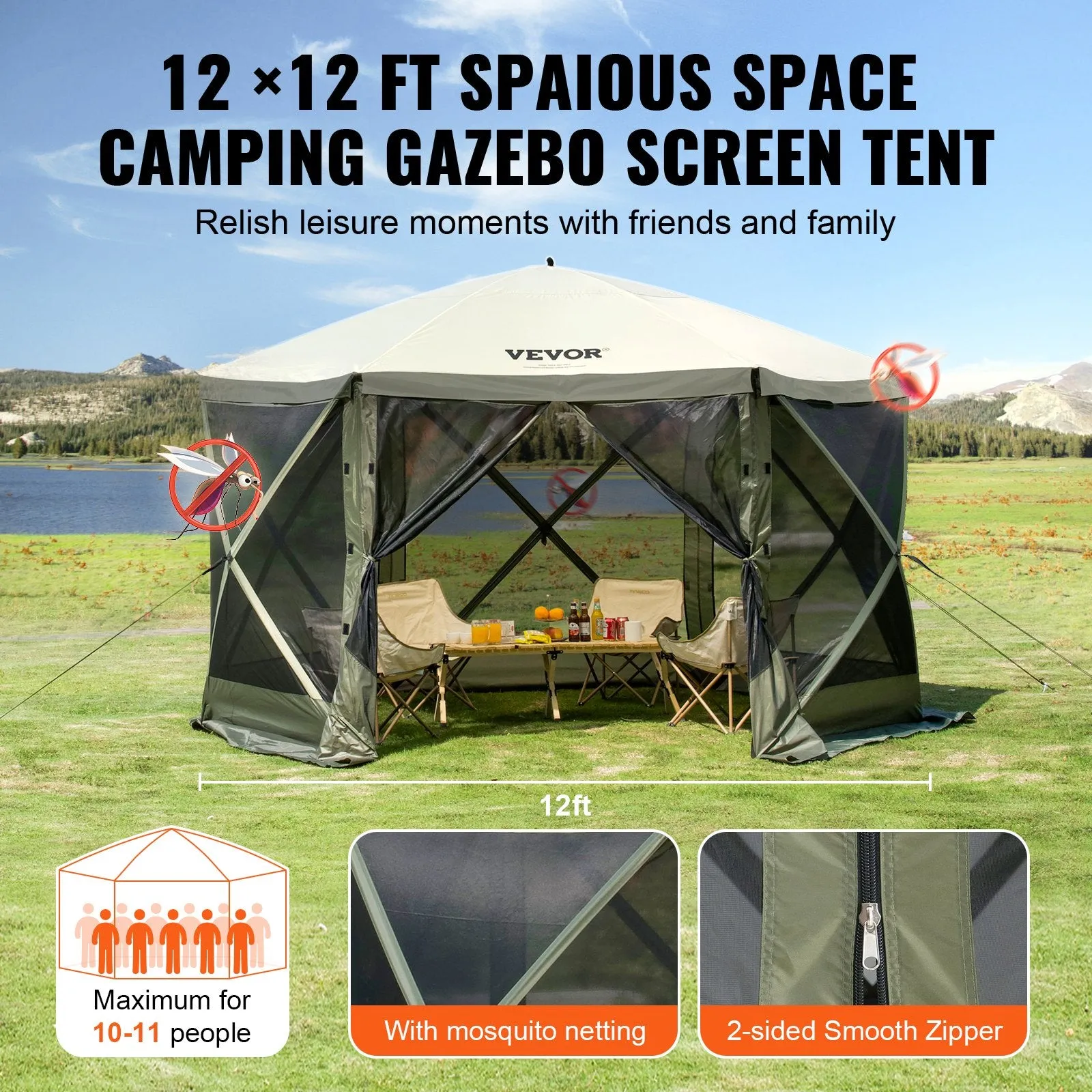 Vevor Pop Up Gazebo Tent 6 Sided Canopy with Privacy Windows 12' x 12' New